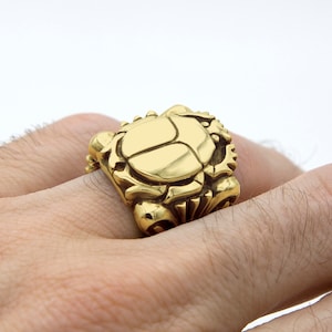 14K Gold Scarab Beetle Fleur Ring MADE TO ORDER, Hand Carved Solid 14K Yellow Gold Ring Size 8, Egyptian Scarab Jewelry, Birthday Gift image 1
