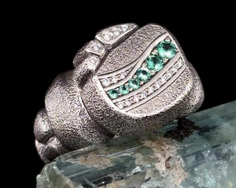 Emerald & Diamond Ancient Stones Ring, Sterling Silver Statement, Ancient Culture Jewelry, Bespoke Fine Jewelry Rings, Micro Setting, Size 9
