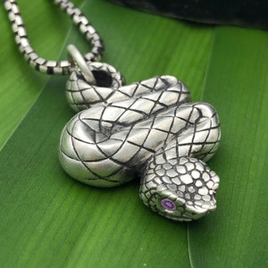 May include: A silver snake pendant necklace with a pink gemstone eye. The snake is coiled and has a detailed, textured surface.