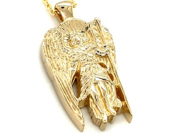 Saint Michael Archangel 14K Gold Pendant Necklace, Angel Jewelry Charm, Spiritual and Religious Jewelry, Protection Amulet, Gold Angel Chain