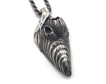 Mussel and Barnacle Sterling Silver Necklace, Hand Carved 925 Solid Silver Pendant, Beach Ocean Theme Jewelry, Shell Necklace
