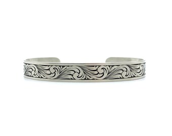 Sterling Silver Scroll Hand Engraved Cuff Bracelet, Classic Bright Cut Scrollwork, Western Jewelry, Cowboy