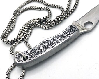 Spyderco Bug Hand Engraved Pocket Knife Necklace, Western Scrolls, Scrollwork, Art Knives, Sculpted Stainless Steel Knife Scales Wild West