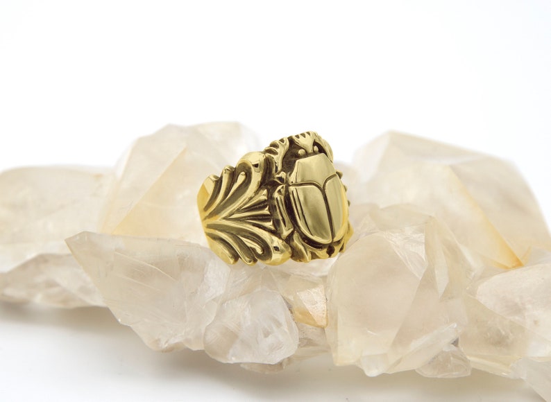 14K Gold Scarab Beetle Fleur Ring MADE TO ORDER, Hand Carved Solid 14K Yellow Gold Ring Size 8, Egyptian Scarab Jewelry, Birthday Gift image 3