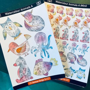 Aquarelle Animaux - Autocollants pour ordinateur portable - Autocollants pour ordinateur portable - Autocollants pour planificateur - Mini feuille d’autocollants - Ours - Hibou - Poulpe - Poisson - Renard - Oiseau