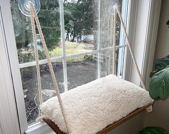 Handmade Cat Window Perch with Plush Bed: Solid Wood, Heavy Duty Suction Cups