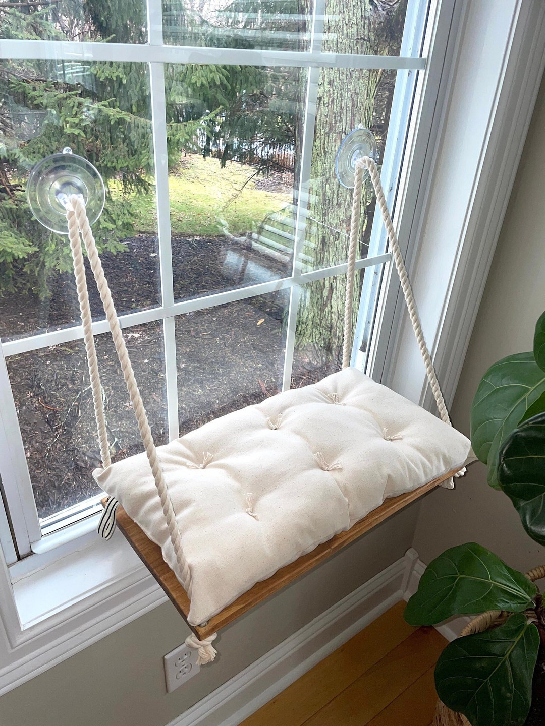 Handmade Cat Window Perch: Plush Bed, Solid Wood, Heavy-Duty Suction - Greige Stripes