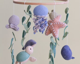 Ocean baby mobile. Nautical baby mobile. Ocean baby mobile with Whale, Jellyfish, Turtle, Stingray fish, Crab, Starfish and Octopus