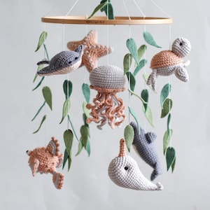 Ocean baby mobile. Nautical baby mobile. Ocean baby mobile with Narwhal, Jellyfish, Turtle, Stingray fish, Shark, Starfish and Puffer fish