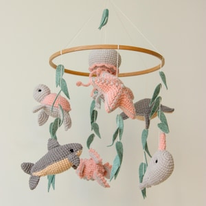 Ocean baby mobile. Nautical baby mobile. Ocean baby mobile with Narwhal, Jellyfish, Turtle, Stingray fish, Shark, Starfish and Puffer fish