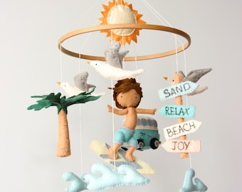 Surf Baby Mobile, Beach Crib Mobile, Surfer Nursery Decor, Coastal Baby Mobile, Ocean Theme Nursery, Summer Baby Mobile