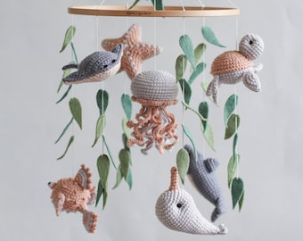 Ocean baby mobile. Nautical baby mobile. Ocean baby mobile with Narwhal, Jellyfish, Turtle, Stingray fish, Shark, Starfish and Puffer fish