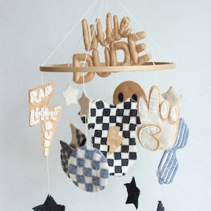 Little dude mobile, smiley face mobile, retro checkered nursery, rad little dude