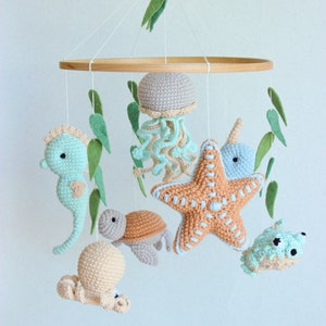 Ocean baby mobile. Nautical baby mobile. Ocean baby mobile with Narwhal, Jellyfish, Turtle, Starfish, Puffer fish, Octopus and Seahorse