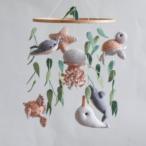 Ocean baby mobile. Nautical baby mobile. Ocean baby mobile with Narwhal, Jellyfish, Turtle, Stingray fish, Shark, Starfish and Puffer fish