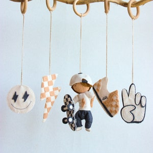 Checkered nursery decor, rad little dude nursery, skateboard baby gym, monochrome baby gym toys