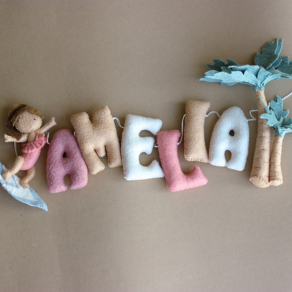 Surf name banner, felt name garland, surf nursery decor