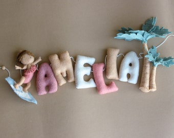 Surf name banner, felt name garland, surf nursery decor