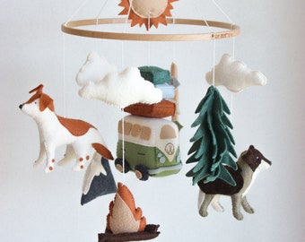 Camping baby mobile, adventure mobile, woodland baby mobile, dog baby mobile