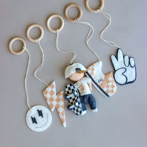 Checkered nursery decor, rad little dude nursery, skateboard baby gym, monochrome baby gym toys