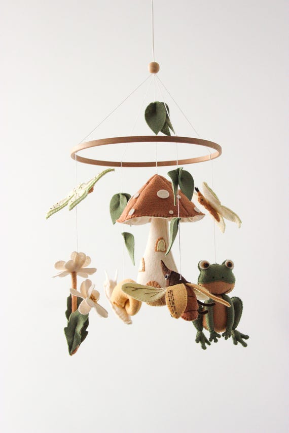 Woodland Baby Mobile, Felt Fairy Forest Nursery Mobile with Mushroom and Forest Animals, Neutral Crib Mobile