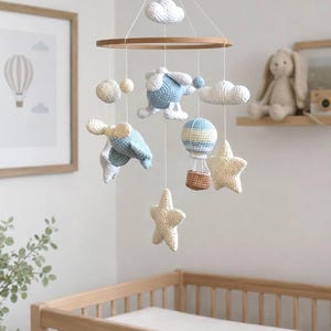 Airplane baby mobile with hot air balloon, helicopter, clouds and stars. Aviation nursery decor, sky themed nursery, adventure baby nursery