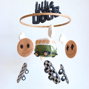 Skateboard baby mobile, rad little dude mobile, checkered nursery decor