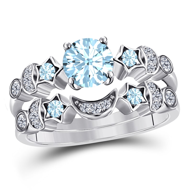 Moon Star Style Wedding Band Bridal Set 1.75 Ct Gemstone /& Simulated Diamonds Round Engagement Ring 925 Sterling Silver