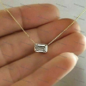 1.00 Ct Emerald Cut Solitaire Simulated Diamond Pendant Necklace 14K Gold Finish Sterling Silver