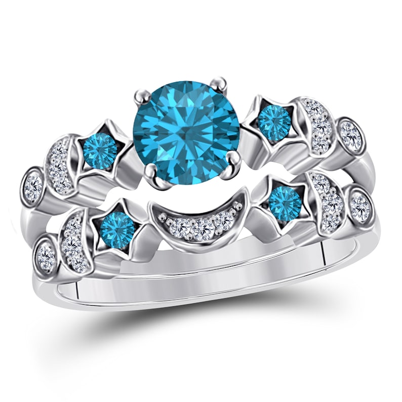 Moon Star Style Wedding Band Bridal Set 1.75 Ct Gemstone /& Simulated Diamonds Round Engagement Ring 925 Sterling Silver