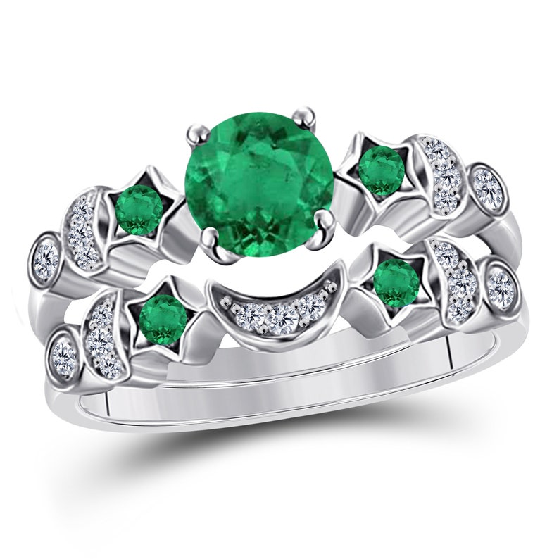 Moon Star Style Wedding Band Bridal Set 1.75 Ct Gemstone /& Simulated Diamonds Round Engagement Ring 925 Sterling Silver