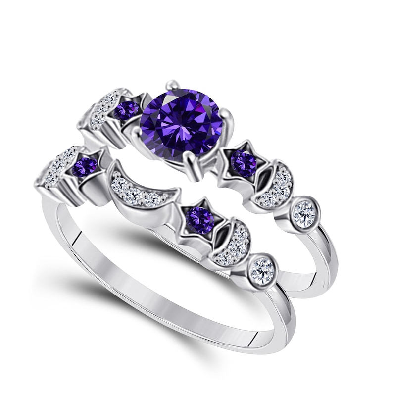 Moon Star Style Wedding Band Bridal Set 1.75 Ct Gemstone /& Simulated Diamonds Round Engagement Ring 925 Sterling Silver