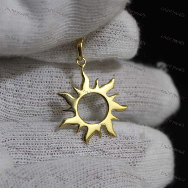 14k Yellow Gold Plated 925 Sterling Silver Women Plain Everyday Simple Sun Pendant 18" Chain Necklace