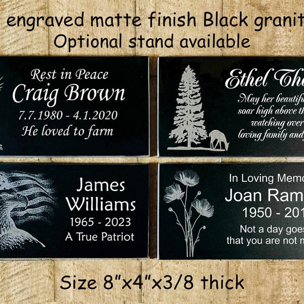 Human black granite memorial stone tile, 8"x4", Matte finish, Wheat, Fir Tree-Deer, Patriotic, Poppies, Laser engrave, Indoors/Outdoor