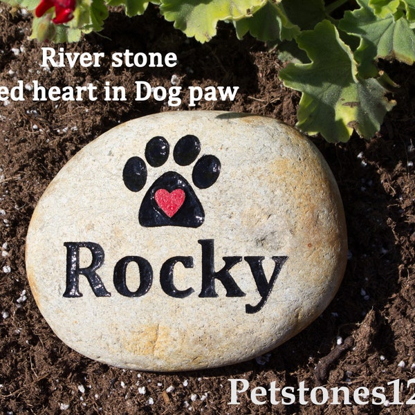 Pet memorial stone,  Memorial marker, Dog or Cat, Red heart, Paws, Deeply engraved, River stone, Gift, Pet loss, Grave stone,