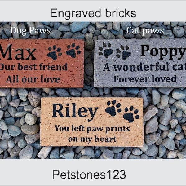 Dog, Cat memorial brick, Stone,  Pet marker, Engraved dog & cat paws, Clay brick, Personalized, Paw Prints Gift