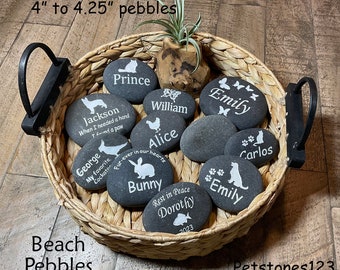 Pet Memorial stone, Beach PEBBLE, 4" to 4.25" wide, Smooth & round, Dog, Cat, Rabbit, Fish, Rat, Mouse, Hamster, Parrot, 39 designs, Gift,