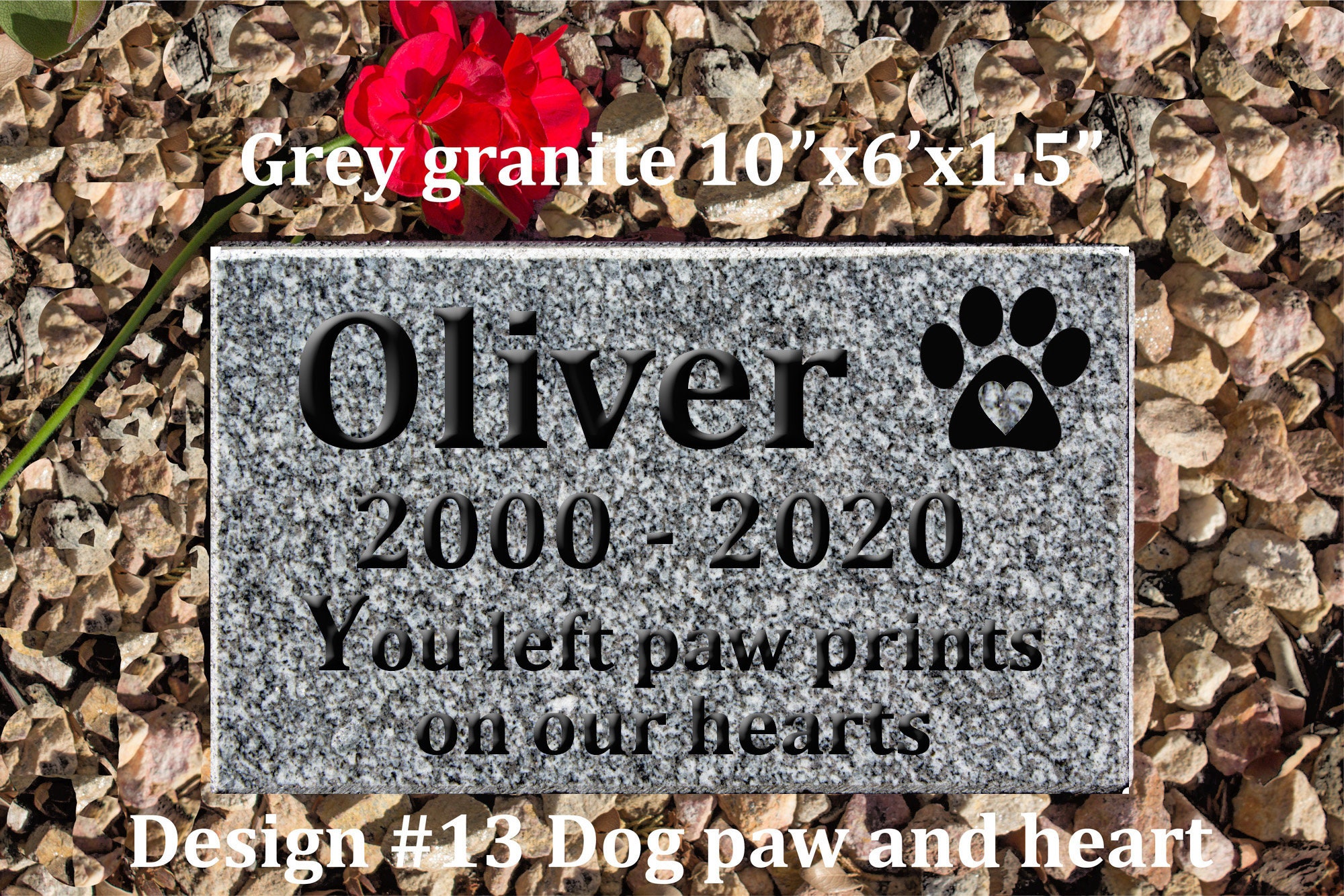 10"x6"x1.5", Engraved Gray Granite Pet Memorial Stone, Custom Dog Cat Grave Marker