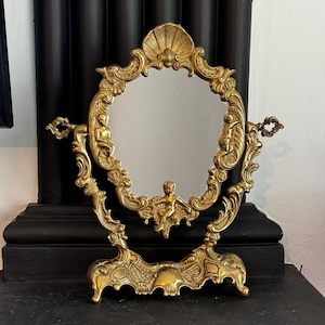 Vintage Ornate Swivel Vanity Mirror, Brass Toned Cherub Mirror, Vintage French Decor, Art Noveau, Makeup Mirror