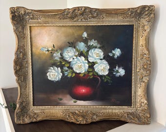 Vintage Floral Oil Painting in Ornate Frame
