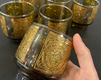 Libbey Elcyda low ball glass drink set with 22 karat gold design, set of 6, gold on green, whiskey, juice, stackable