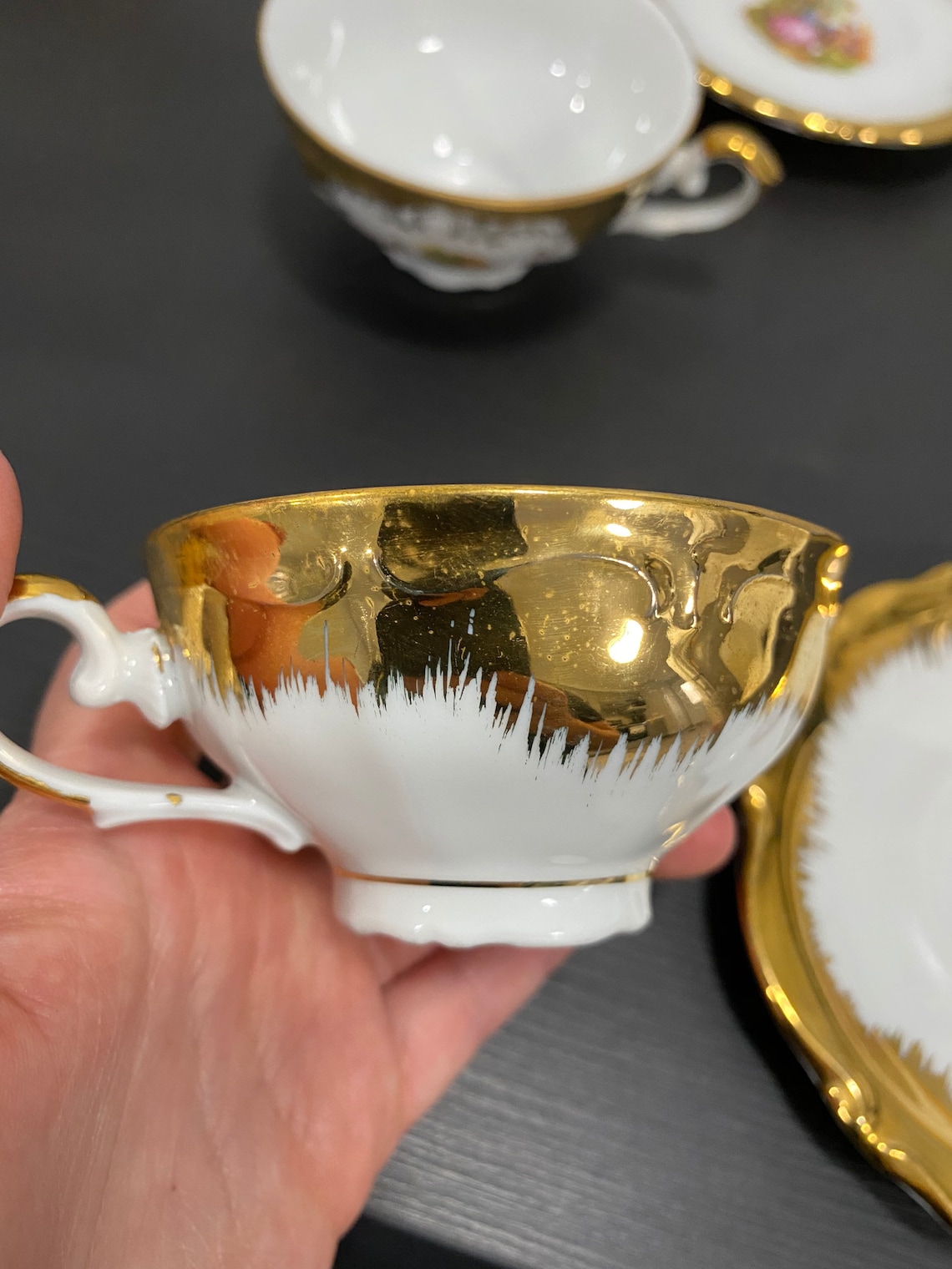 Gold rimmed tea cup and saucer set of 6 with sugar bowl made Etsy