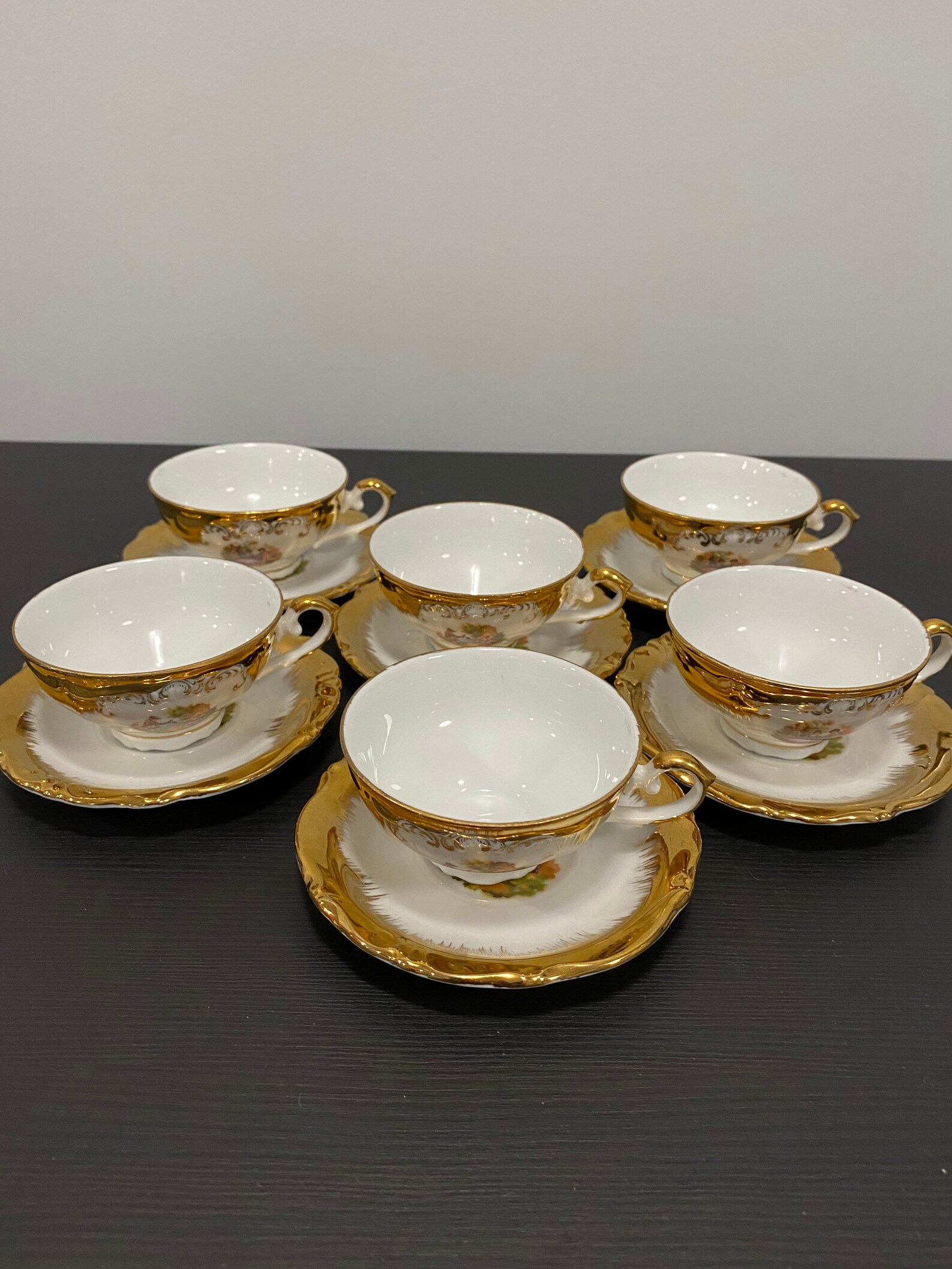 Gold rimmed tea cup and saucer set of 6 with sugar bowl made Etsy