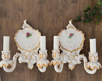 Vintage Porcelain Wall Sconces Pair | Gold Gilt Rose Sconces | Cottage French Wall Lighting Decor