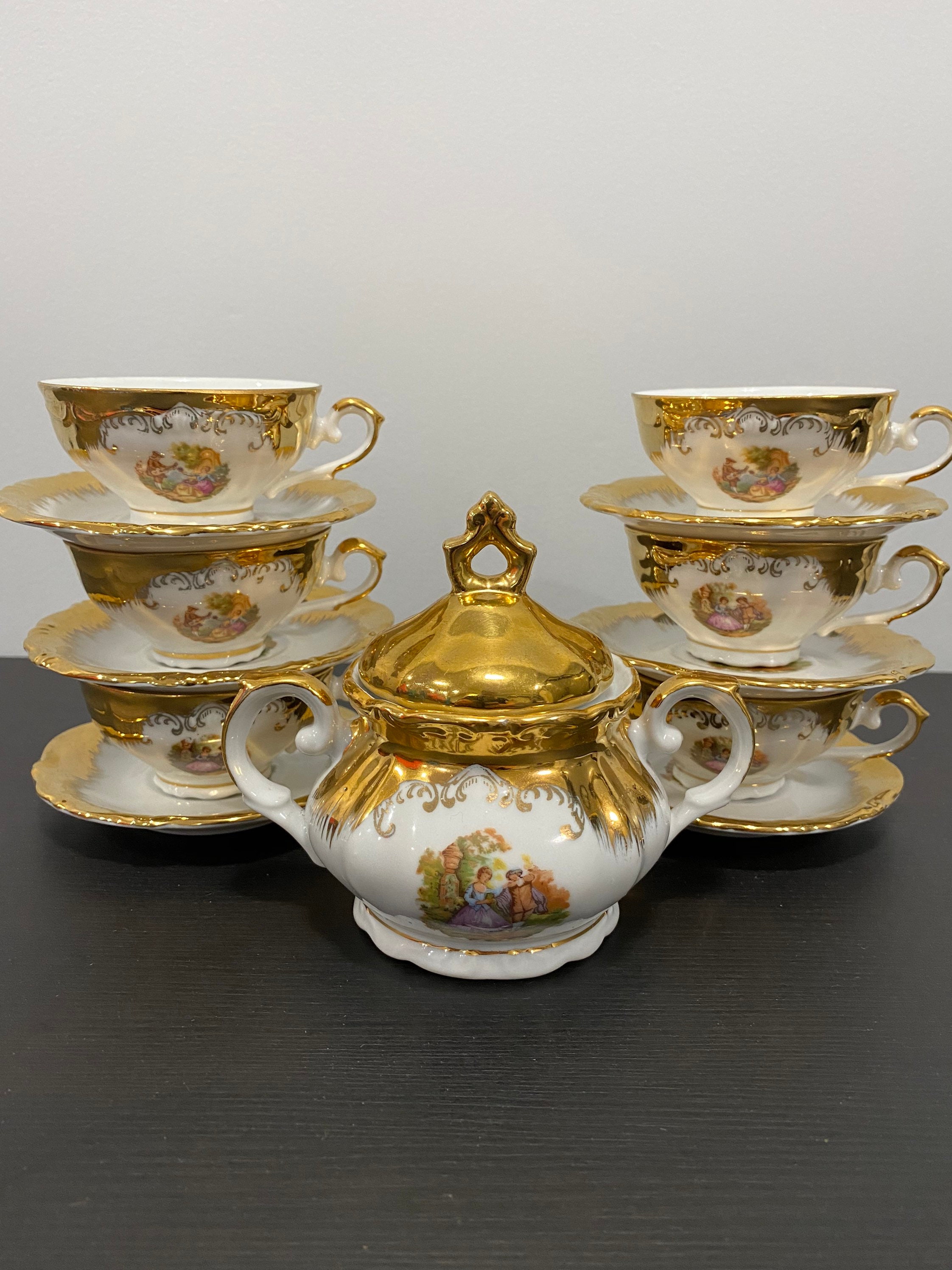 Gold rimmed tea cup and saucer set of 6 with sugar bowl made Etsy