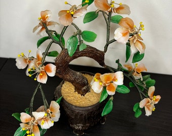 Vintage Jade Glass Bonsai Tree: Peking Glass Cherry Blossom Decor