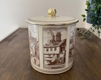 Boîte décorative vintage en étain | Toile de campagne française | Pot de rangement de 6 po. avec couvercle