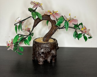 Vintage Jade Glass Bonsai Tree: Chinese Cherry Blossom Decor