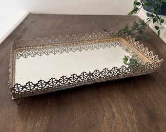 Vintage Gold Filigree Mirror Tray | Hollywood Regency Vanity Decor