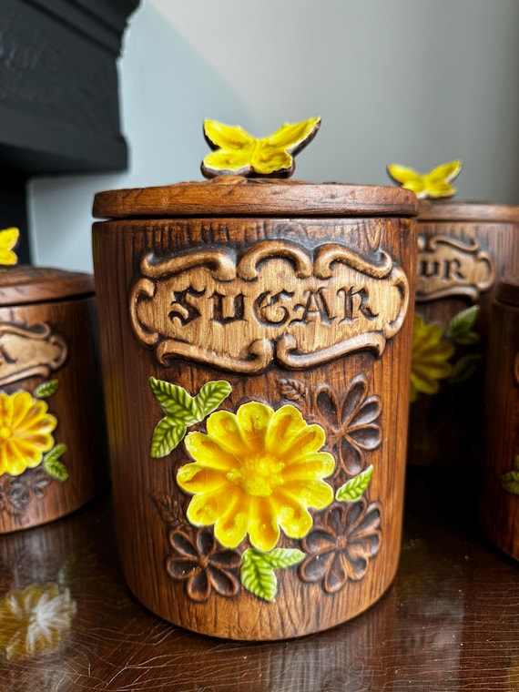 Vintage Treasure Craft Canister Set: Butterfly Lid, Floral Kitchen